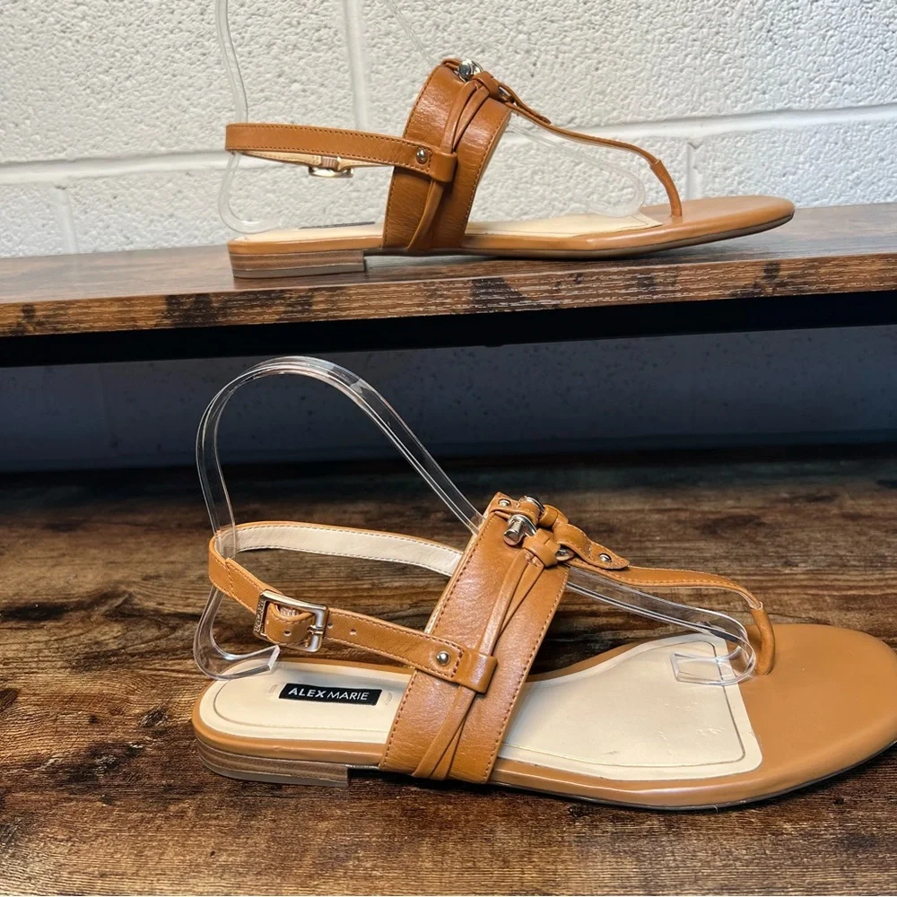 Alex Marie Tan Leather Sandals T Strap Casual Flat Metallic Buckle Women's 8